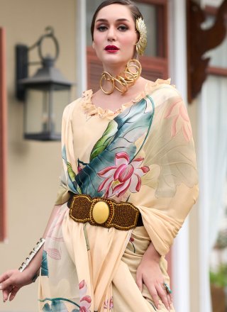 Cream Georgette Traditional Saree with Print Work for Casual