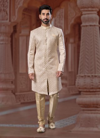 Cream Jacquard Fancy, Thread and Zari Work Indo Western Sherwani