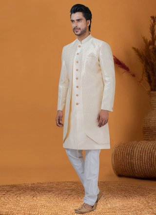 Cream Jacquard Silk Indo Western