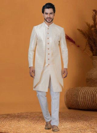 Cream Jacquard Silk Indo Western