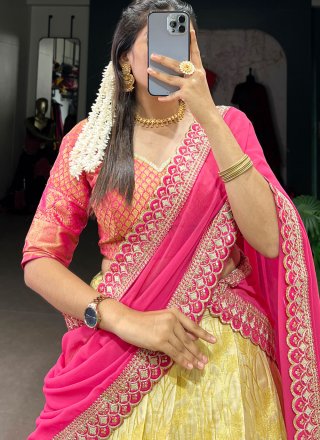 Cream Jacquard Silk Weaving and Zari Work Lehenga Choli for Ceremonial
