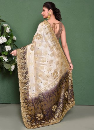 Cream Kanjivaram Silk Embroidered and Stone Work Trendy Saree for Festival
