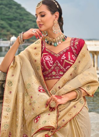 Cream Kanjivaram Silk Embroidered, Moti, Stone and Weaving Work Classic Sari for Ceremonial