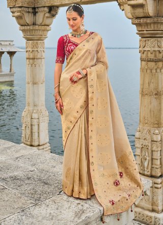 Cream Kanjivaram Silk Embroidered, Moti, Stone and Weaving Work Classic Sari for Ceremonial