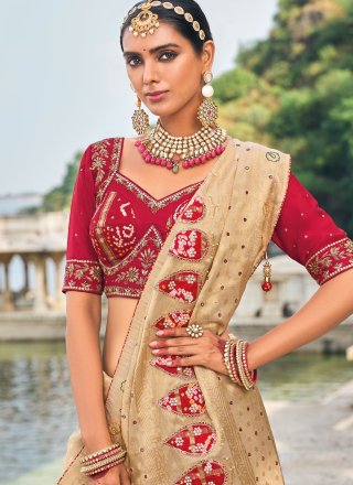 Cream Kanjivaram Silk Embroidered, Moti, Thread and Weaving Work Trendy Saree for Women