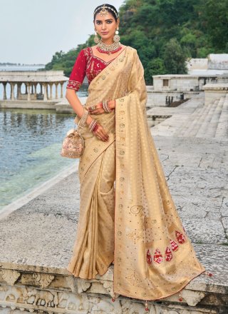 Cream Kanjivaram Silk Embroidered, Moti, Thread and Weaving Work Trendy Saree for Women