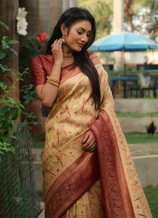 Cream Kanjivaram Silk Weaving Work Classic Saree