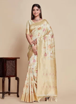 Cream Kanjivaram Silk Weaving Work Designer Sari for Women