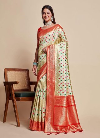 Cream Kanjivaram Silk Woven Work Contemporary Sari