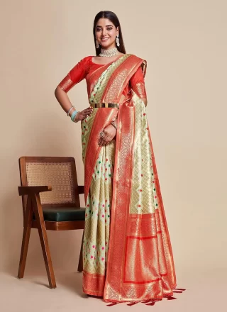 Cream Kanjivaram Silk Woven Work Contemporary Sari