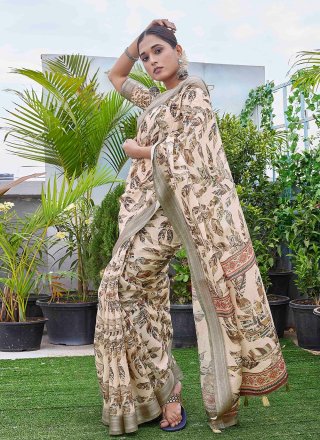 Cream Linen Contemporary Sari