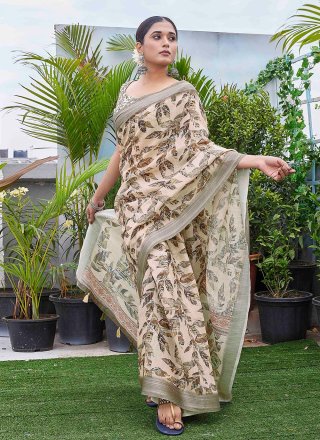 Cream Linen Contemporary Sari