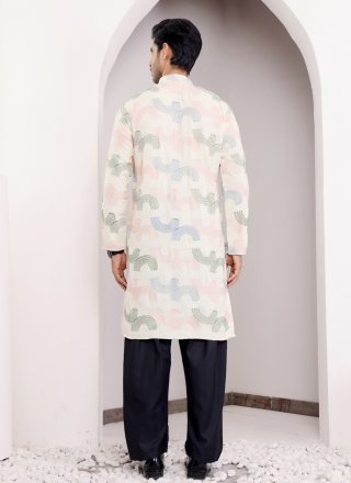 Cream Linen Embroidered Work Kurta Pyjama for Festival