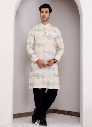 Cream Linen Embroidered Work Kurta Pyjama for Festival