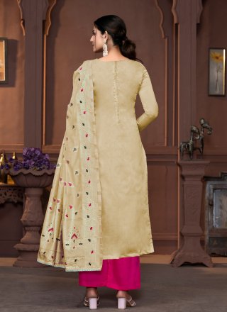 Cream Muslin Hand and Woven Work Palazzo Salwar Suit for Women