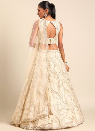 Cream Net A - Line Lehenga Choli with Cord, Embroidered, Moti, Sequins and Thread Work