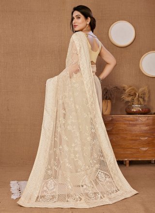 Cream Net Contemporary Saree with Embroidered and Thread Work