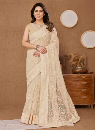 Cream Net Contemporary Saree with Embroidered and Thread Work