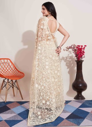 Cream Net Contemporary Sari with Embroidered and Resham Work for Casual