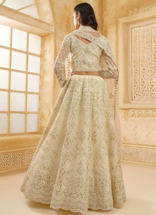 Cream Net Cord, Stone and Thread Work Lehenga Choli for Engagement