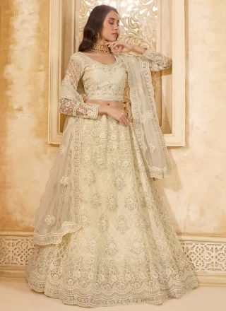 Cream Net Cord, Stone and Thread Work Lehenga Choli for Engagement