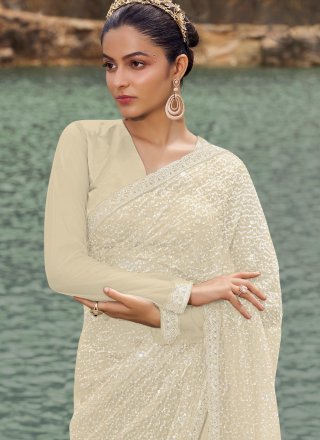 Cream Net Designer Saree
