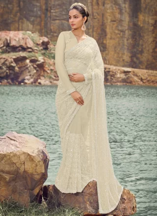 Cream Net Designer Saree