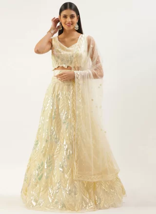 Cream Net Embroidered, Sequins and Thread Work Lehenga Choli for Engagement