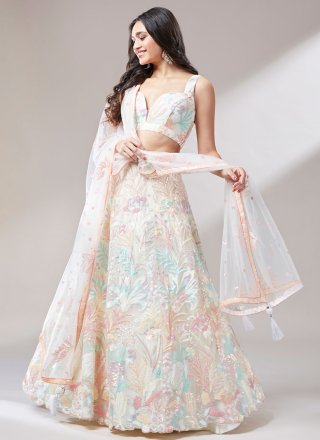 Cream Net Lehenga Choli with Embroidered, Sequins and Thread Work