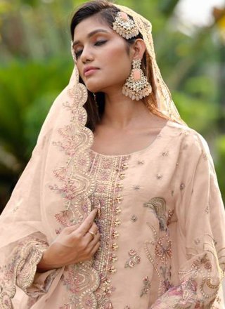 Cream Organza Pakistani Salwar Suit with Embroidered and Khatli Work for Ceremonial