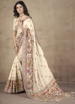 Cream Pashnima Silk Thread, Weaving and Zari Work Trendy Saree