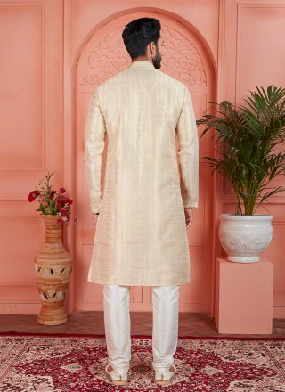 Cream Print Work Brocade Kurta Pyjama