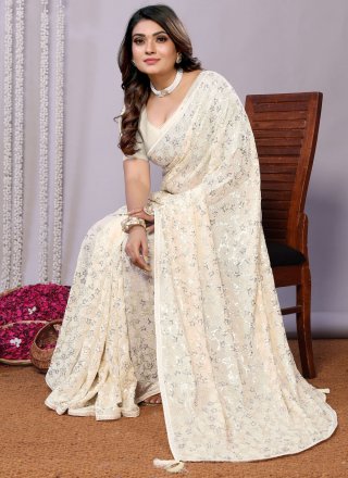Cream Pure Georgette Contemporary Saree with Cut Dana, Sequins and Thread Work for Women