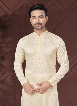 Cream Pure Silk Kurta Pyjama with Embroidered and Sequins Work