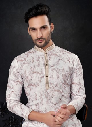 Cream Pure Silk Kurta Pyjama with Embroidered Work
