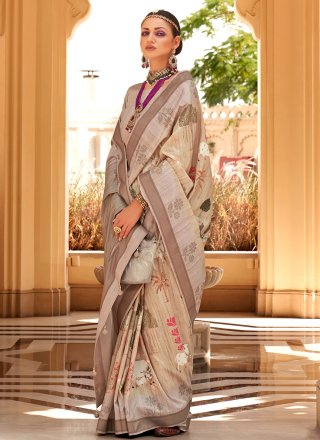 Cream Raw Silk Foil Print Work Contemporary Sari for Ceremonial