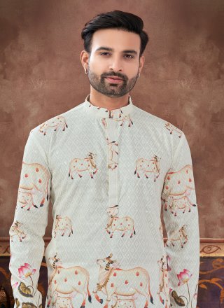 Cream Rayon Digital Print Work Kurta Pyjama for Ceremonial