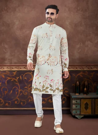 Cream Rayon Digital Print Work Kurta Pyjama for Ceremonial