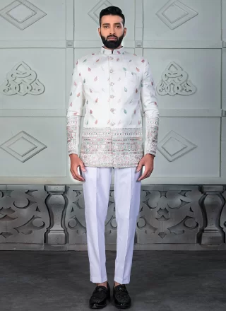 Cream Rayon Jodhpuri Suit with Print Work for Ceremonial