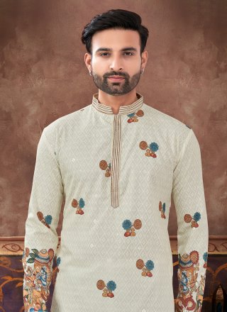Cream Rayon Kurta Pyjama with Digital Print Work for Ceremonial