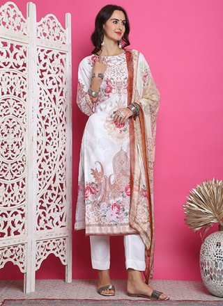 Cream Satin Digital Print Work Salwar Suit for Ceremonial