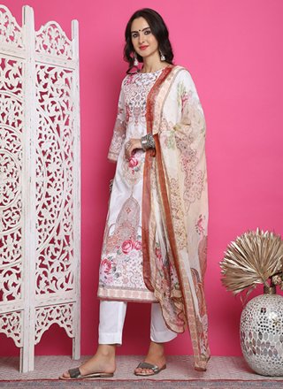 Cream Satin Digital Print Work Salwar Suit for Ceremonial
