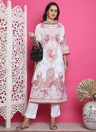Cream Satin Digital Print Work Salwar Suit for Ceremonial