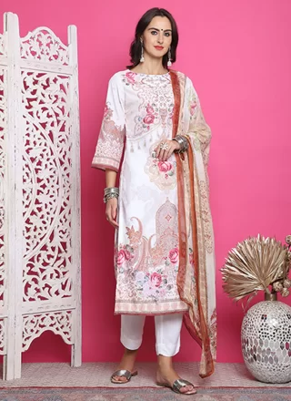 Cream Satin Digital Print Work Salwar Suit for Ceremonial