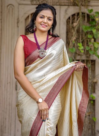 Cream Silk Classic Sari with Jacquard Work for Women