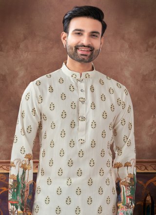 Cream Silk Digital Print Work Kurta Pyjama