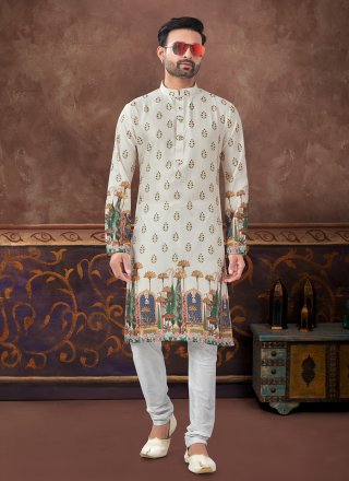 Cream Silk Digital Print Work Kurta Pyjama