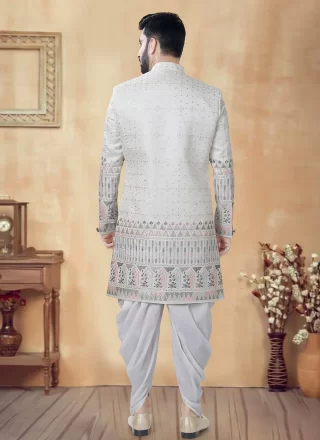 Cream Silk Embroidered, Sequins and Thread Work Sherwani Mens Wear for Men