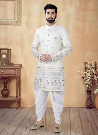 Cream Silk Embroidered, Sequins and Thread Work Sherwani Mens Wear for Men
