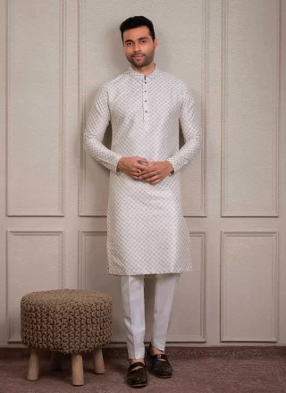 Cream Silk Embroidered Work Kurta Pyjama for Ceremonial